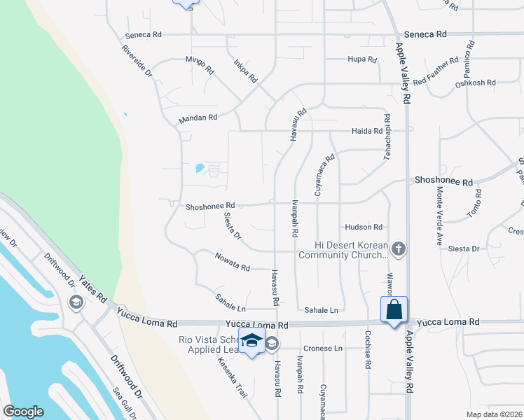 map of restaurants, bars, coffee shops, grocery stores, and more near 18891 Shoshonee Road in Apple Valley