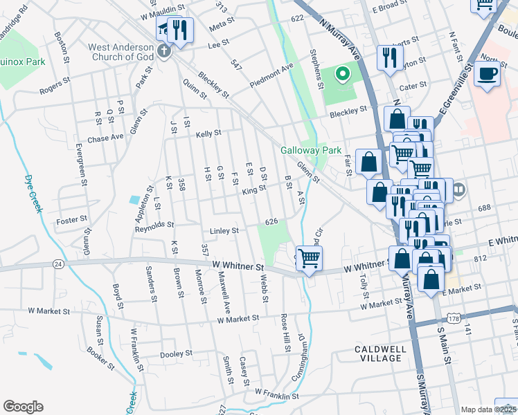 map of restaurants, bars, coffee shops, grocery stores, and more near 210 E Street in Anderson