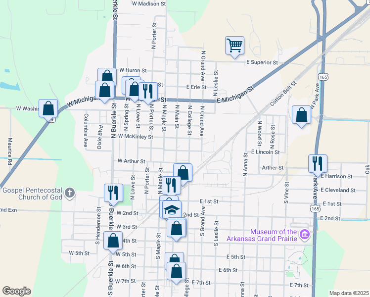 map of restaurants, bars, coffee shops, grocery stores, and more near 501 North College Street in Stuttgart