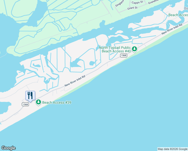 map of restaurants, bars, coffee shops, grocery stores, and more near 1104 New River Inlet Road in North Topsail Beach