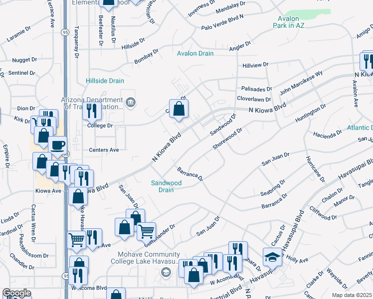 map of restaurants, bars, coffee shops, grocery stores, and more near 2151 Sandwood Drive in Lake Havasu City