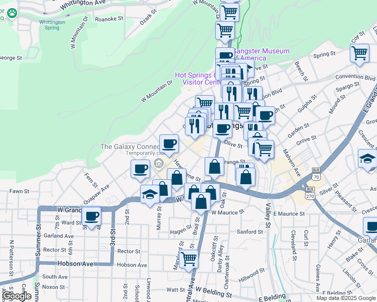 map of restaurants, bars, coffee shops, grocery stores, and more near 333 Ouachita Avenue in Hot Springs