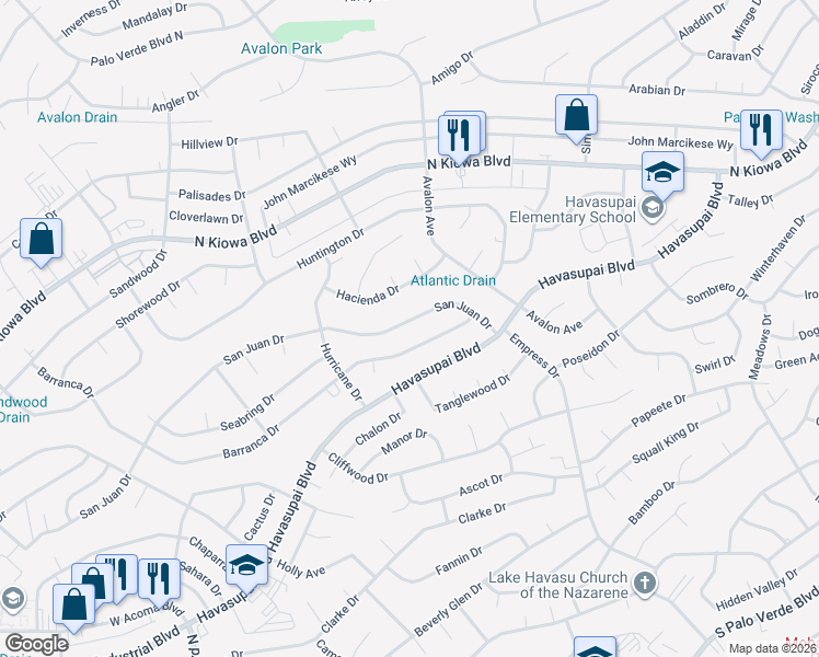 map of restaurants, bars, coffee shops, grocery stores, and more near 2552 San Juan Drive in Lake Havasu City