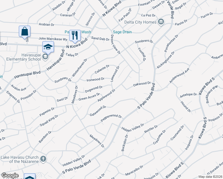 map of restaurants, bars, coffee shops, grocery stores, and more near 3085 Leawood Drive in Lake Havasu City