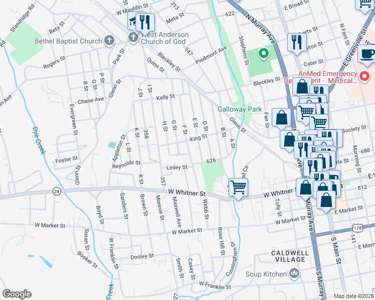 map of restaurants, bars, coffee shops, grocery stores, and more near 209 F Street in Anderson