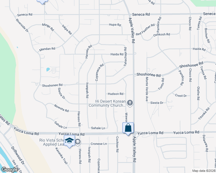 map of restaurants, bars, coffee shops, grocery stores, and more near 19145 Shoshonee Road in Apple Valley