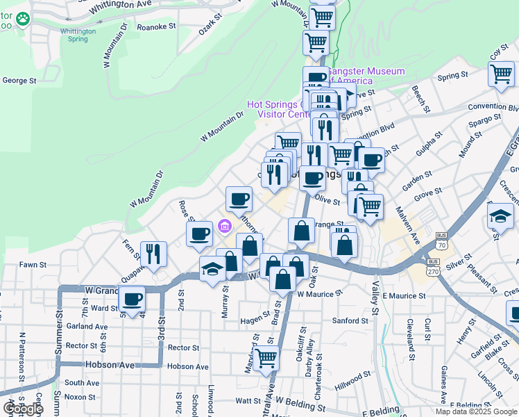 map of restaurants, bars, coffee shops, grocery stores, and more near 426 Ouachita Avenue in Hot Springs