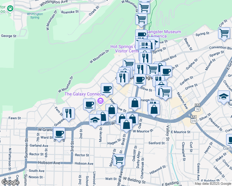 map of restaurants, bars, coffee shops, grocery stores, and more near 426 Ouachita Avenue in Hot Springs