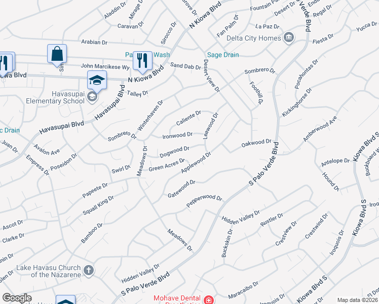 map of restaurants, bars, coffee shops, grocery stores, and more near 3040 Dogwood Dr in Lake Havasu City