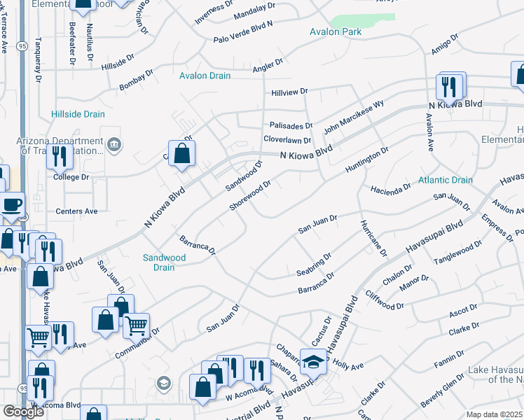 map of restaurants, bars, coffee shops, grocery stores, and more near 2265 Huntington Drive in Lake Havasu City