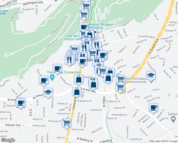map of restaurants, bars, coffee shops, grocery stores, and more near in Hot Springs