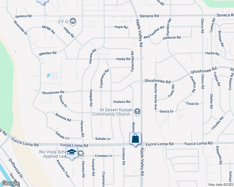 map of restaurants, bars, coffee shops, grocery stores, and more near 19145 Shoshonee Road in Apple Valley