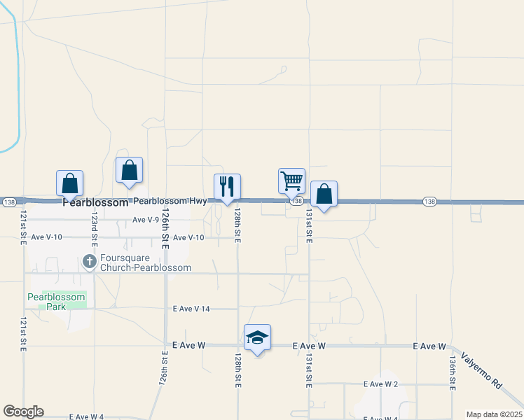 map of restaurants, bars, coffee shops, grocery stores, and more near 129th Street East in Pearblossom