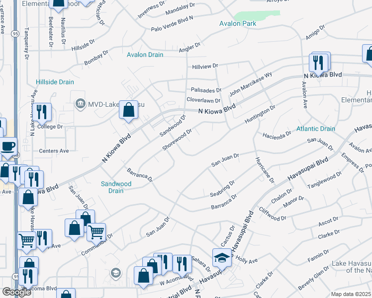 map of restaurants, bars, coffee shops, grocery stores, and more near 2265 Huntington Drive in Lake Havasu City