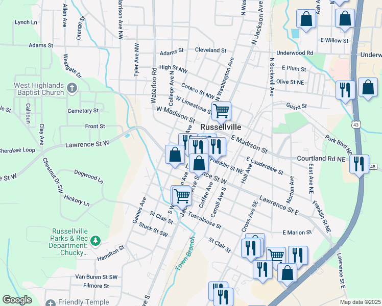 map of restaurants, bars, coffee shops, grocery stores, and more near 121 North Washington Avenue in Russellville