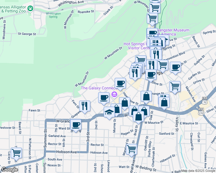 map of restaurants, bars, coffee shops, grocery stores, and more near 628 Quapaw Avenue in Hot Springs