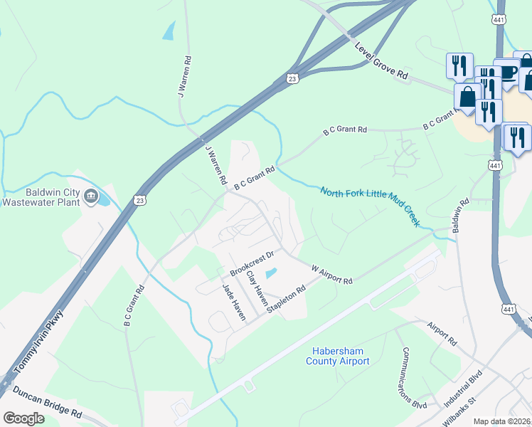 map of restaurants, bars, coffee shops, grocery stores, and more near 989 West Airport Road in Cornelia