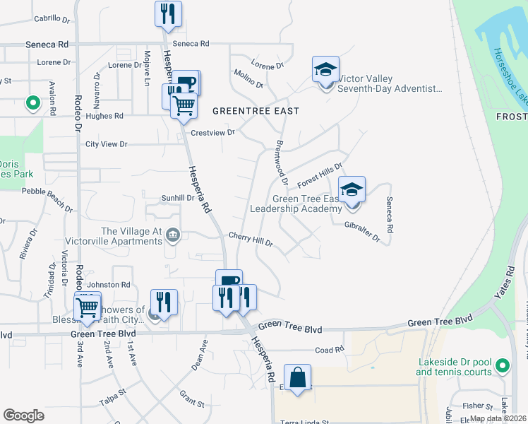 map of restaurants, bars, coffee shops, grocery stores, and more near Apple Creek Drive in Victorville