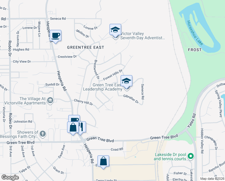map of restaurants, bars, coffee shops, grocery stores, and more near 17151 Millbrook Way in Victorville