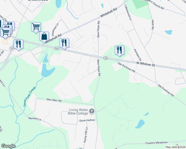 map of restaurants, bars, coffee shops, grocery stores, and more near 103 Mi Lues Drive in Anderson