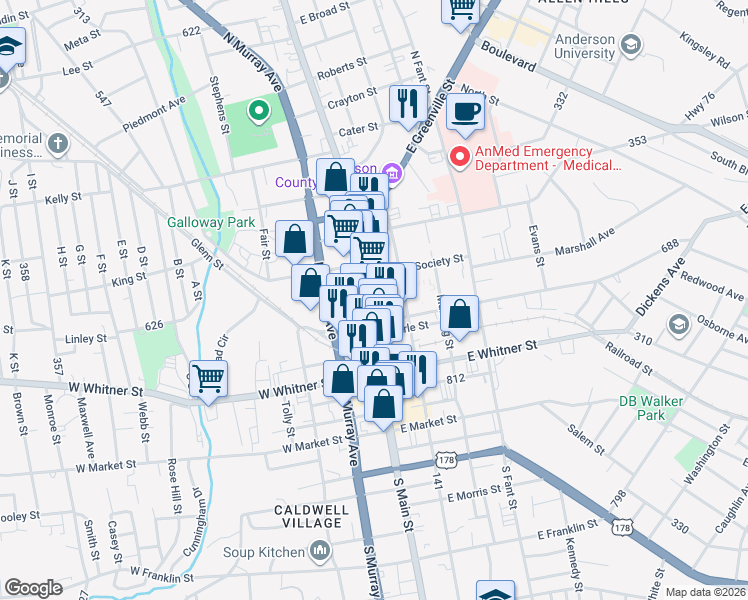 map of restaurants, bars, coffee shops, grocery stores, and more near 402 North Main Street in Anderson