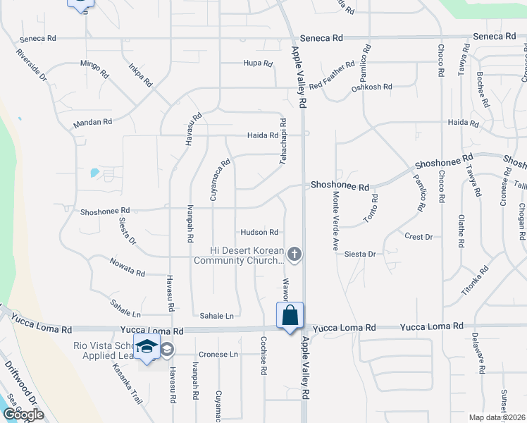 map of restaurants, bars, coffee shops, grocery stores, and more near 19213 Shoshonee Road in Apple Valley