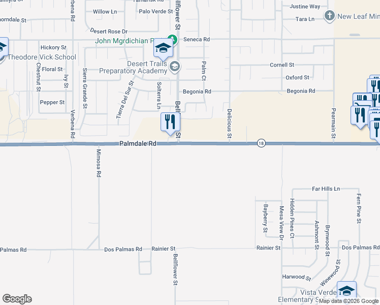 map of restaurants, bars, coffee shops, grocery stores, and more near 11402-11458 Palmdale Road in Victorville