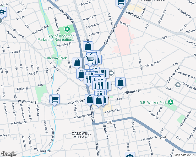 map of restaurants, bars, coffee shops, grocery stores, and more near 110 East Sharpe Street in Anderson