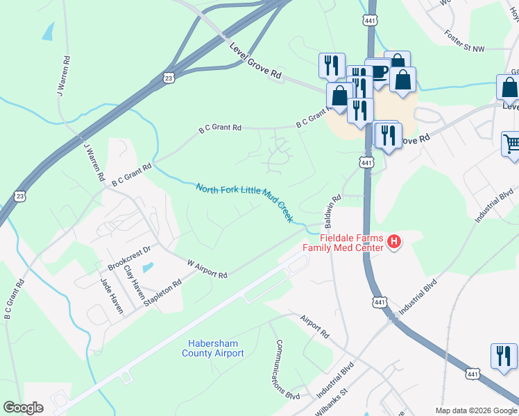map of restaurants, bars, coffee shops, grocery stores, and more near Magnolia Villas Drive in Cornelia