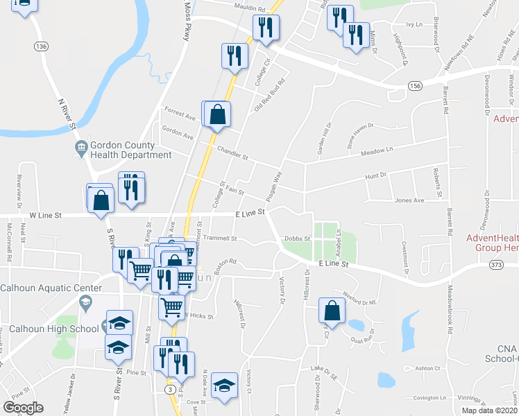 map of restaurants, bars, coffee shops, grocery stores, and more near 316 East Line Street in Calhoun