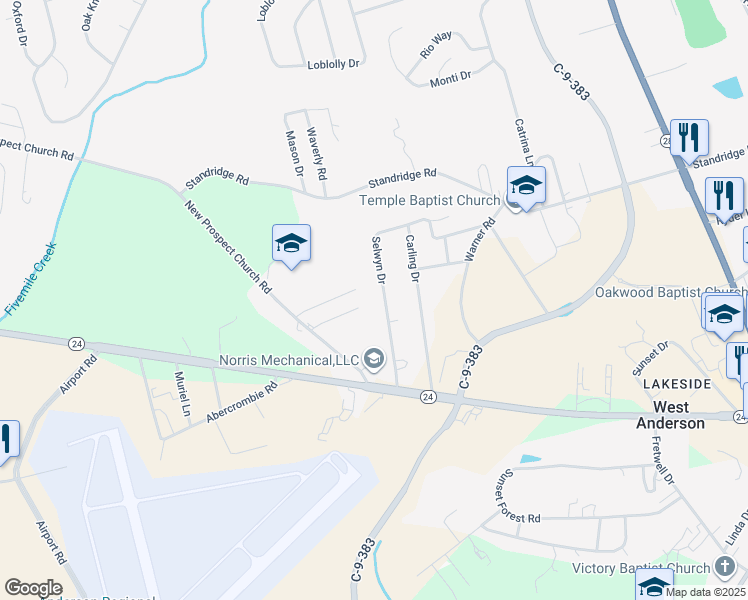 map of restaurants, bars, coffee shops, grocery stores, and more near 117 Selwyn Dr in Anderson