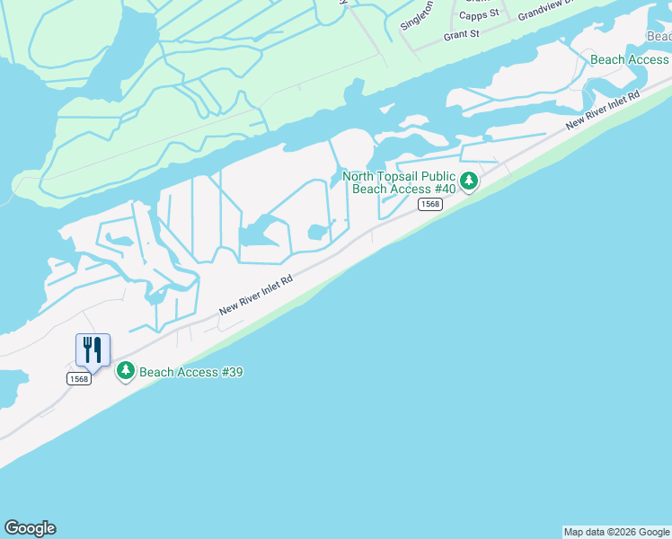 map of restaurants, bars, coffee shops, grocery stores, and more near 1104 New River Inlet Road in North Topsail Beach