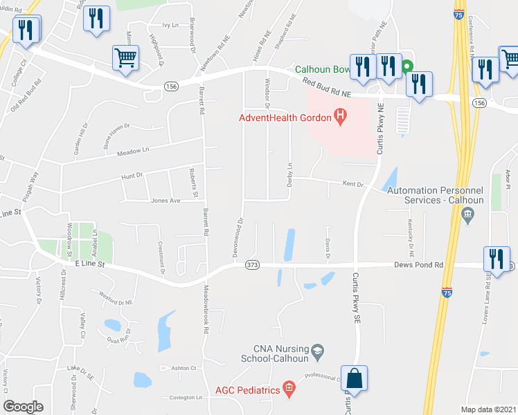 map of restaurants, bars, coffee shops, grocery stores, and more near 104 Derby Lane in Calhoun