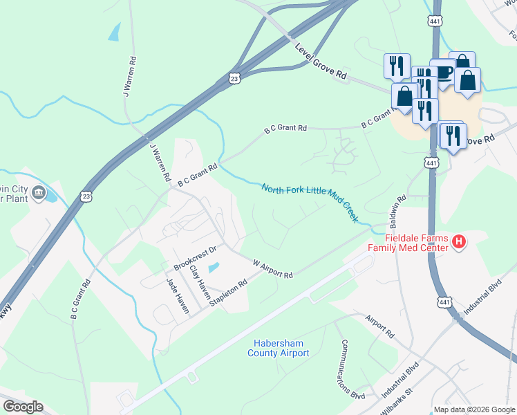 map of restaurants, bars, coffee shops, grocery stores, and more near 544 Creek Road in Cornelia