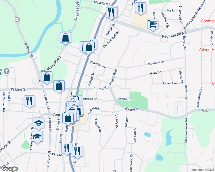 map of restaurants, bars, coffee shops, grocery stores, and more near 316 East Line Street in Calhoun