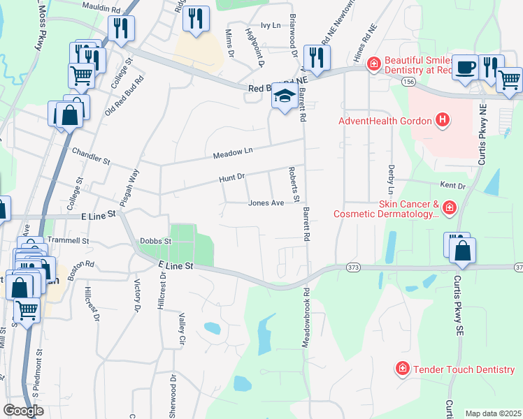 map of restaurants, bars, coffee shops, grocery stores, and more near 114 Jones Avenue in Calhoun