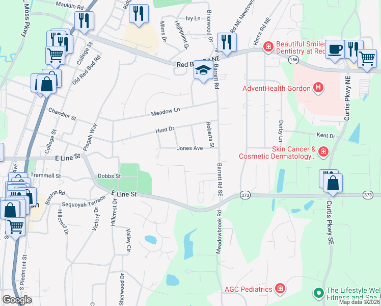 map of restaurants, bars, coffee shops, grocery stores, and more near 114 Jones Avenue in Calhoun