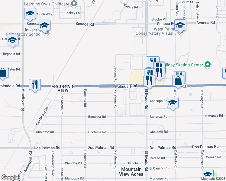 map of restaurants, bars, coffee shops, grocery stores, and more near 14285 Palmdale Road in Victorville