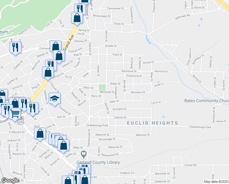 map of restaurants, bars, coffee shops, grocery stores, and more near 285 Montreal Street in Hot Springs