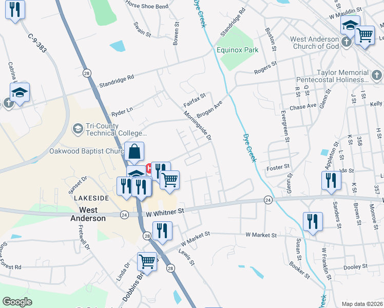 map of restaurants, bars, coffee shops, grocery stores, and more near 170 Bayhill Circle in Anderson