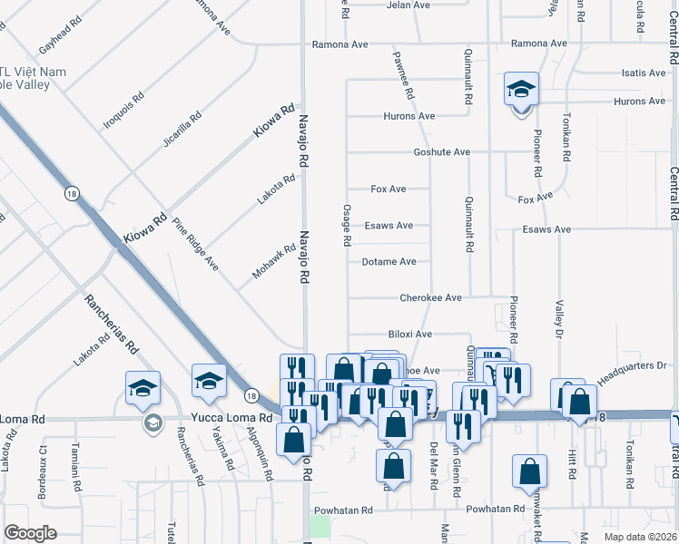map of restaurants, bars, coffee shops, grocery stores, and more near 14020 Osage Road in Apple Valley