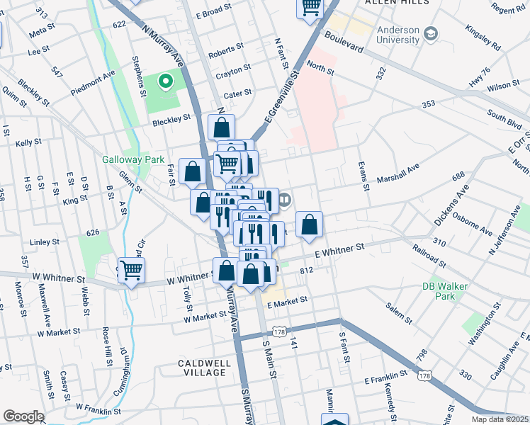 map of restaurants, bars, coffee shops, grocery stores, and more near 110 East Sharpe Street in Anderson