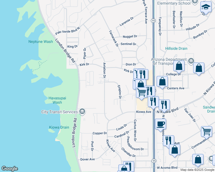 map of restaurants, bars, coffee shops, grocery stores, and more near 1080 Empire Drive in Lake Havasu City