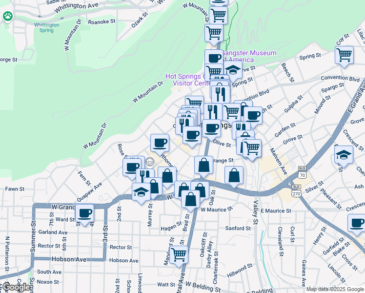 map of restaurants, bars, coffee shops, grocery stores, and more near 333 Ouachita Avenue in Hot Springs