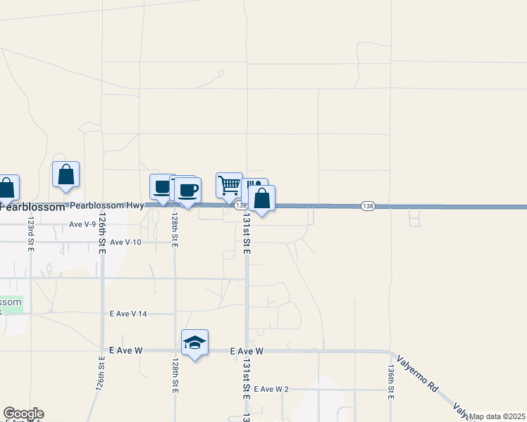 map of restaurants, bars, coffee shops, grocery stores, and more near Longview Road in Pearblossom