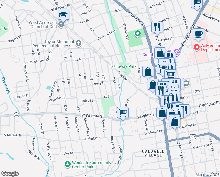 map of restaurants, bars, coffee shops, grocery stores, and more near in Anderson