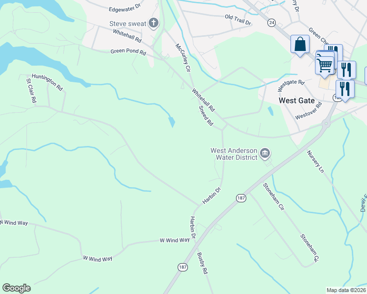 map of restaurants, bars, coffee shops, grocery stores, and more near 2227 Harbin Drive in Anderson