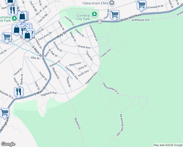map of restaurants, bars, coffee shops, grocery stores, and more near 760 Highland Avenue in Cornelia