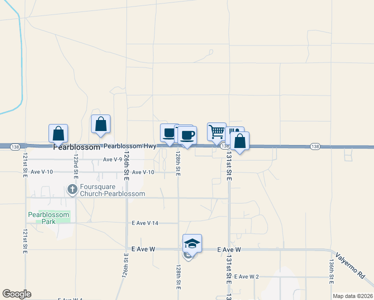 map of restaurants, bars, coffee shops, grocery stores, and more near 12822 Pearblossom Highway in Pearblossom
