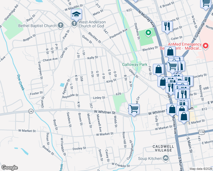 map of restaurants, bars, coffee shops, grocery stores, and more near 209 F Street in Anderson